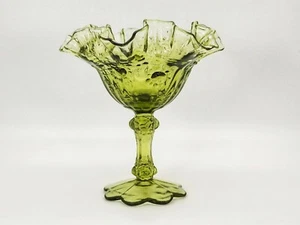 Fenton Cabbage Rose Ruffled Edge Green Glass Compote Pedestal Candy Dish 6.5in - Picture 1 of 9