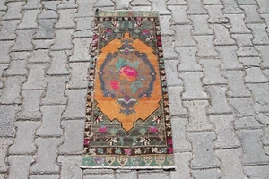 1x3 ft Vintage Oushak Rug: Orange Green Floral Tribal Carpet for Bedroom - Picture 1 of 10