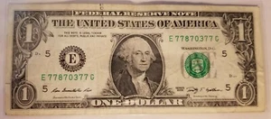 2009 (E) $1 One Dollar Bill Federal Reserve Note Richmond Fancy 5 7s 77870377 - Picture 1 of 2