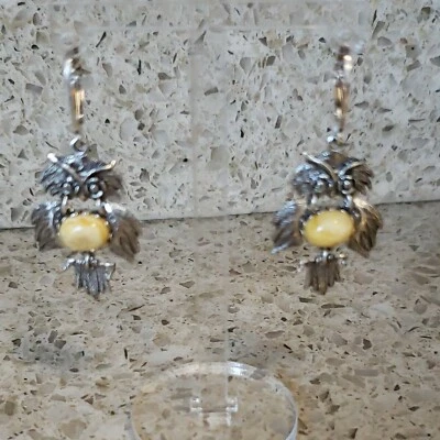  Owl Earrings 925 STERLING SILVER Leverback Baltic Amber $75 retail - Image 1 of 4