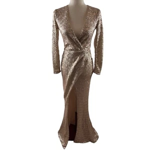 Nookie Cannes Champagne Sequin Gown Size Medium Plunging V-Neck Exquisite Sexy - Picture 1 of 15