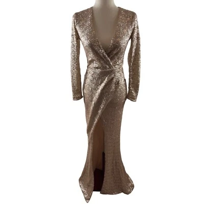 Nookie Cannes Champagne Sequin Gown Size Medium Plunging V-Neck Exquisite Sexy - Image 1 of 4