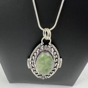 Green Prehnite Pendant Necklace Silver Tone Metal on Sterling Chain, Vintage - Picture 1 of 9