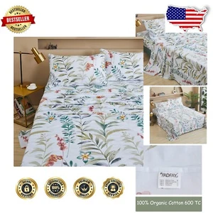 Floral Leaves Full Sheet Set - 100% Cotton 600 TC Deep Pocket with Pillowcases - Picture 1 of 11