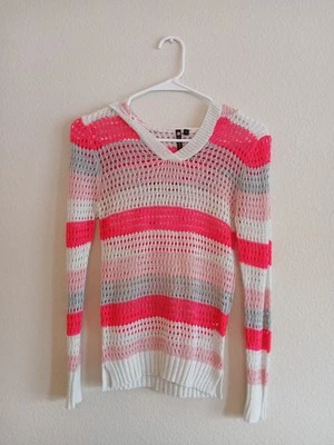 Poof Crochet Sweater Girls 12 Pink White Stripe Hooded  - Image 1 of 4