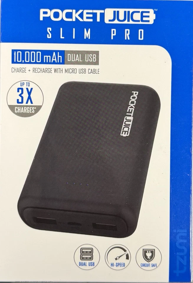 Tzumi Pocket Juice 10,000 mAh Slim Pro Pocket Juice Portable Power Bank New - Image 1 of 1