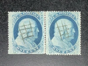 Estampillas de Estados Unidos #24 Usadas 1¢ Par Tipo V con Pluma Manuscrita Cancelación, Pequeña Falla - Imagen 1 de 3