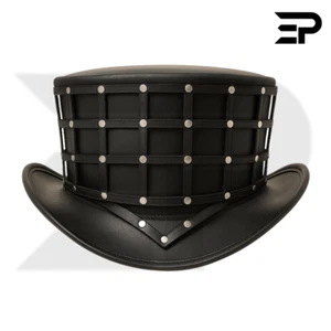 Schwarzer Käfig Leder Zylinder Hut mit silbernen Nieten - Gothic Steampunk Cosplay Hut - Bild 1 von 2