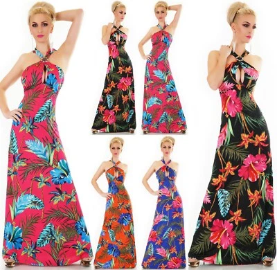 Damen Maxi Sommer Kleid lang Tropical Blumen Print Party Strand S/M M/L - Bild 1 von 4