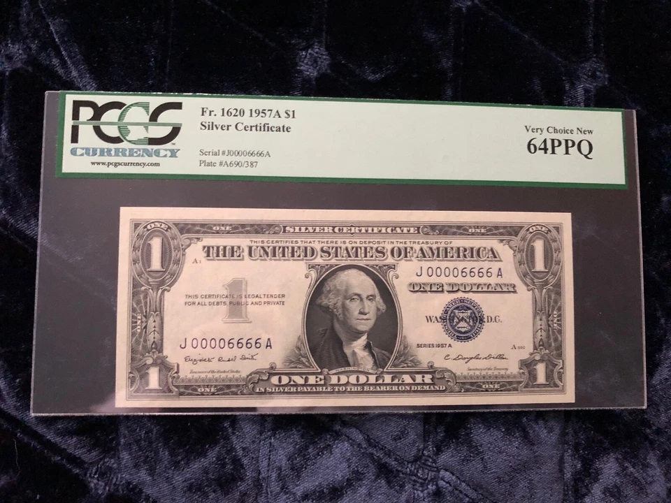 1957 A  $1 FANCY LOW NUMBERS 00006666 DOUBLE QUAD PCGS 64PPQ RARE-ONLY ONE  - Image 1 of 1