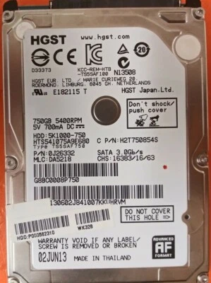 ⭐️⭐️⭐️⭐️⭐️ HDD Hard Drive SATA Laptop 2.5" HGST HTS541075A9E680 750GB J26332 - Image 1 of 2