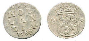 Silver 2-stuivers, 1780, Dordrecht mint, Hollandia, Netherlands - Picture 1 of 1