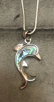 Abalone Shell Dolphin Pendant On Silver Snake Chain - Image 1 of 4