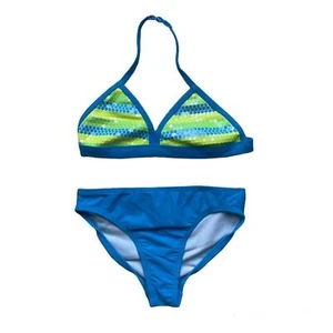NWOT OP S 6/6X Turquoise Blue Neon Yellow Green Sequin Halter Bikini Set Twins - Picture 1 of 2