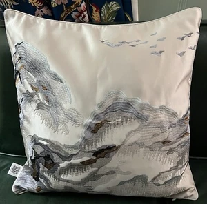 Mountain Motif Embroidered Chinese Silk Pillow Covers (4 Total, Only 1 Was Used) - Picture 1 of 3