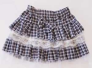 New Girls Black White Lace Lined Plaid Ruffled With Bow Mini Skirt Nordstrom NWT - Picture 1 of 8