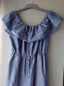 WOMEN'S VONDA THIN DENIM OFF SHOULDER WIDE LEG JUMPSUIT pit to pit 18" - Picture 1 of 7