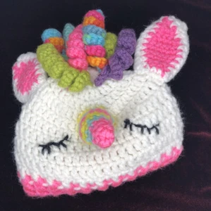 Hand Knit Crochet Rainbow Unicorn Hat Baby Girl - Picture 1 of 4