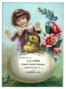 Tarjeta comercial victoriana LG Ayer's Grand Central Grocery NJ pollitos de Pascua incubación - Imagen 1 de 2