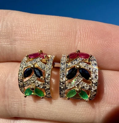 Vintage 14k Gold Plated Lab Created Diamond Emerald Sapphire Ruby Huggie Earring - Image 1 of 4