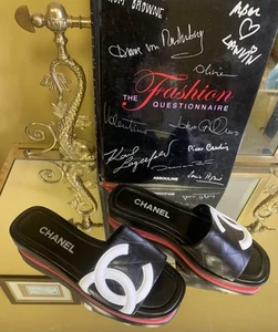 CHANEL CAMBON SANDALS Made In ITALY EU 38 black W White Signature Lrg Iconic CC - Picture 1 of 10