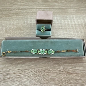Antique Flower Jewelry Bracelet And Ring Set Enamel 1920s In Box - Picture 1 of 12