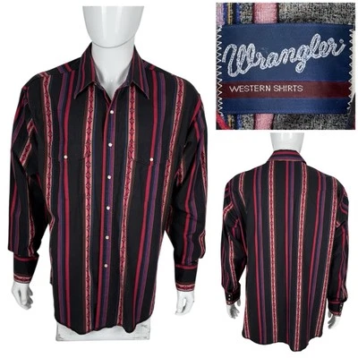 Wrangler Mens XL Western Shirt Pearl Snap Aztec Striped Vintage 90s 100% Cotton - Image 1 of 4