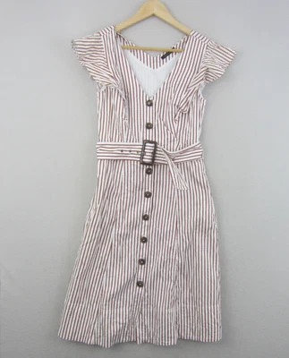 Portmans Dress Womens 10 White Brown Striped V-Neck Ruffle Sleeve Belt Buttons - image 1 of 4