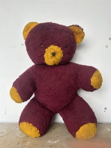 Large Vintage Teddy Bear Maroon Yellow Plush Toy 60cm Soft Cuddly Free Postage - Picture 1 of 6