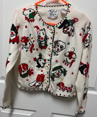 De Colección Michael Simon Cárdigan Suéter Talla M Marfil Navidad Perros Bordado EC Foto 1 de 4