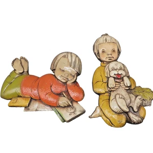 MCM ceramic children playing wall plaques set of 2 - Picture 1 of 7