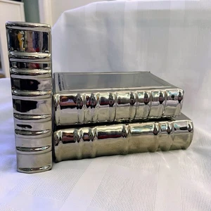 Set Of Three (3) Z Gallerie Ceramic Silver Books Two Sizes Metallic Decor A17 - Picture 1 of 12