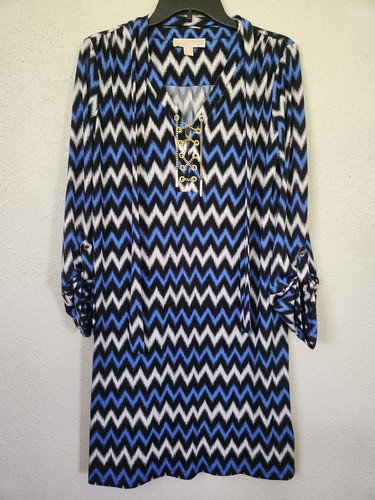 Abito tunica midi Michael Kors blu chevron catena oro stringato con cintura donna M