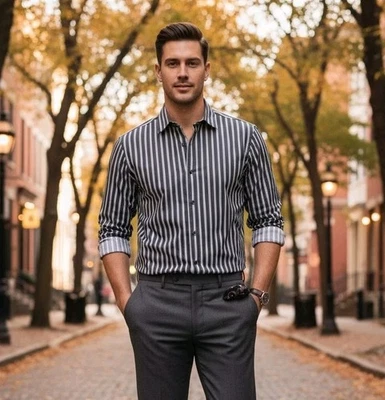 Bugatchi Uomo Dress Shirt Classic Stripe Black/White Flip Cuff Dot Men’s X LARGE - Image 1 of 4