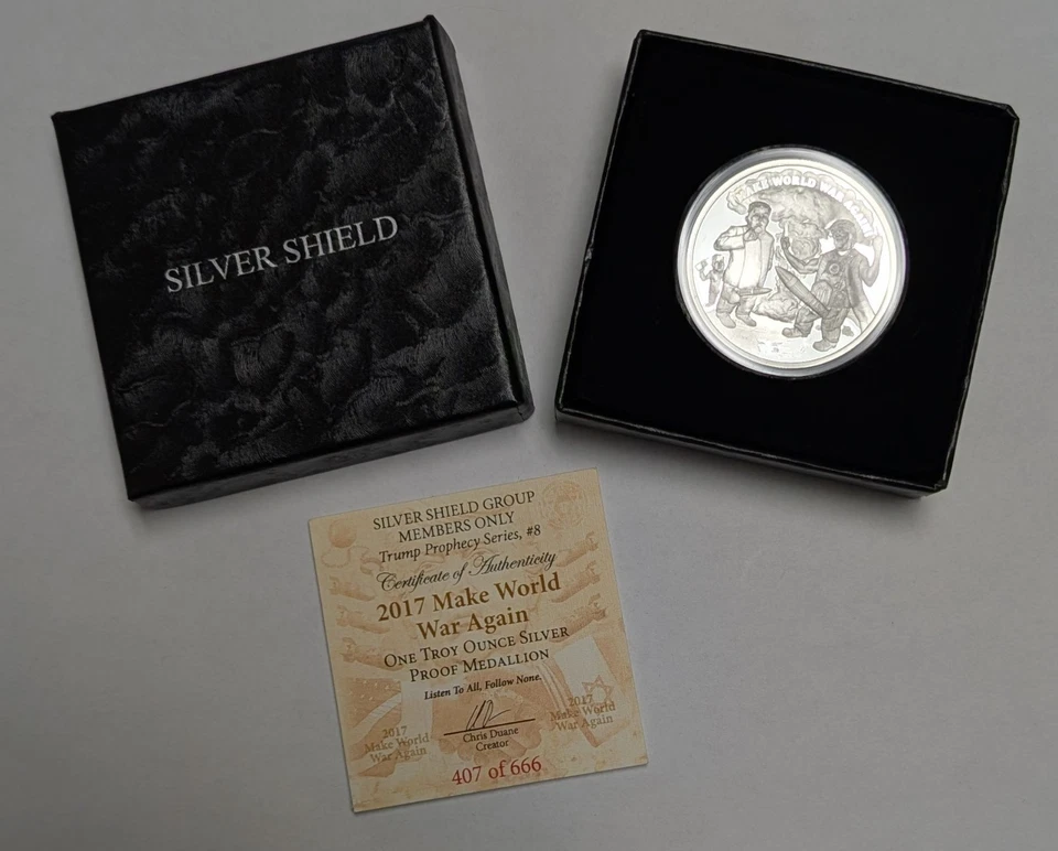 2017 Silver Shield ~ 1 oz Proof .999 Silver ~ Trump Make World War #8 ~ /666 - Image 1 of 4
