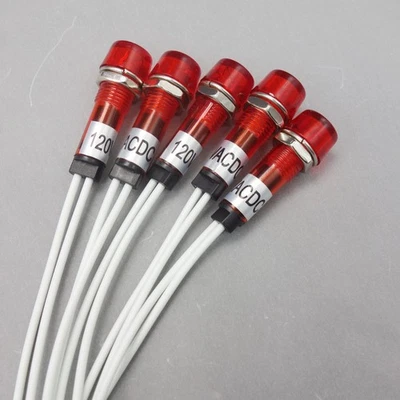 5Pcs 120V AC/DC 10mm RED Mini LED Pilot Lights CYLINDRICAL Cap with wire