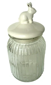 Vint~ARLINGTON DESIGNS~Figural~BUNNY LID~9"~Glass Jar~RIBBED~Canister~APOTHECARY - Picture 1 of 16
