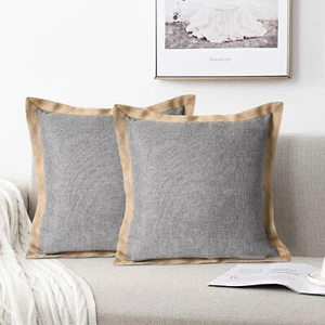 HIG Set of 2 Throw Pillow Covers Farmhouse Burlap Trimmed Cushion Cover 20 X 20 - Picture 1 of 36