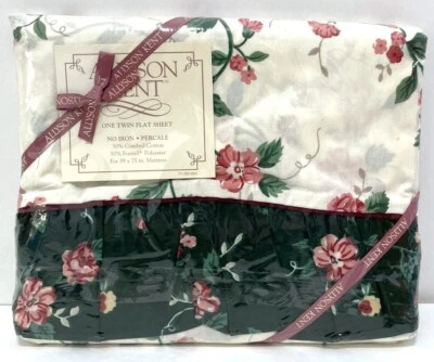Vtg Allyson Kent TWIN FLAT Sheet Chelsea White Floral Green Ruffle Farmhouse USA - Image 1 of 4