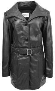 Womens Real Leather Trench Coat BLACK Fitted Mid Length Best TOP Seller Jacket - Picture 1 of 6