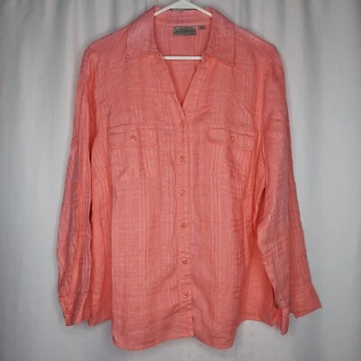 Studio Works Linen Top 2X Women Pink Textured Plaid 3/4 Roll Tab Sleeve Coastal  - Image 1 of 4