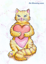 Digitale Postkarte - Getigerte Katze mit Herz - Muttertag Geschenk Aquarell