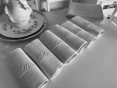 Linge Ancien 6 Serviettes De Mariage Damassé De Soie Monogramme M C - Photo 1/4
