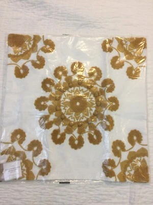 NEW Pottery Barn 20” Square Pom Pom Medallion Crewel Pillow Cover Gold - Image 1 of 4