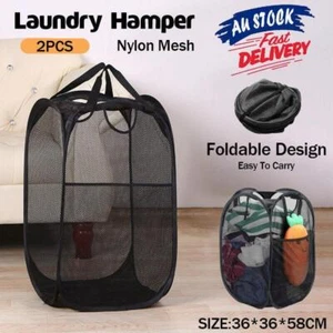 2x Foldable Nylon Mesh Laundry Hamper Pop Up Basket Clothes Washing Storage Bin - Picture 1 of 12
