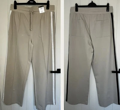 Marks and Spencer Wide Leg High Rise Side Stripe Joggers Trousers 18 Long Beige - Image 1 of 4