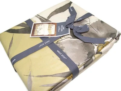 West Elm Grayish Yellow Floral Motif Cotton Sateen King Duvet Cover OOP New - Image 1 of 4