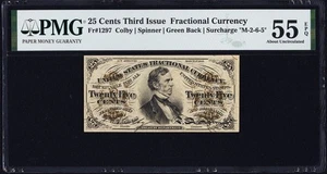 FR 1297 - 25c THIRD ISSUE - FIBER PAPER - "M-2-6-5" - GREEN BACK - PMG 55 EPQ AU - Picture 1 of 4