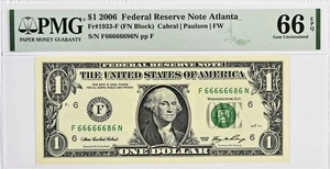 2006 $1 Federal Reserve Note Fr#1933-F. Near Solid S/N 66666686 PMG 66EPQ - Picture 1 of 2