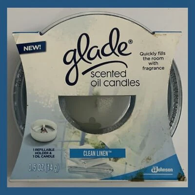 Candelabro de vidrio de aceite perfumado Glade con diseño azul y 1 vela (lino limpio)—NUEVO EN CAJA Foto 1 de 4